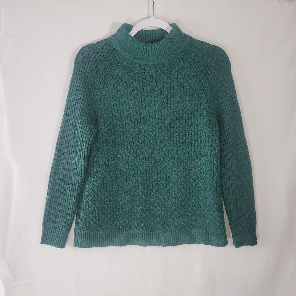 Talbots M Petite Green Textured Mock Neck Pullover Sweater Wool Blend Cozycore